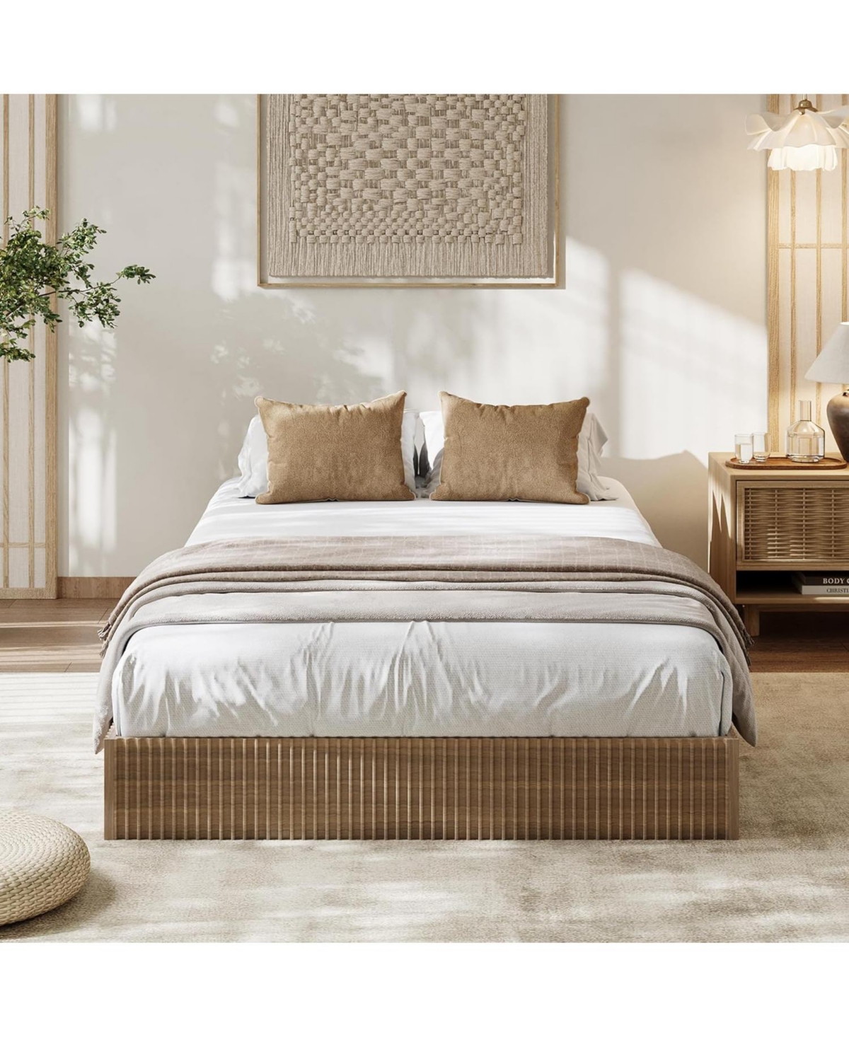 gaomon California Bed Frame, Wood Platform Bed with Fluted Design, Low Profile BedFrame, Minimalist Bed Base with Noise-Free