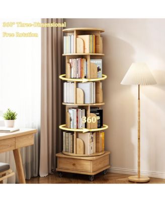 6 Tier Rotating Bookshelf with Drawers On Wheel, 360° Display Spinning Corner Bookcase, Wooden Storage Rack for Study Room