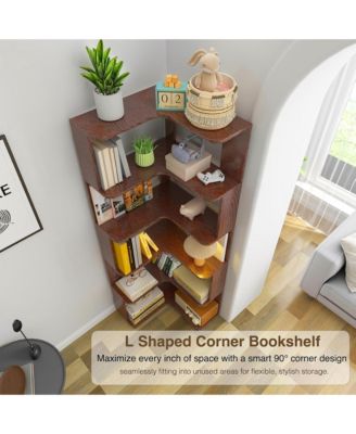 5 Tier L-Shaped Corner Bookshelf, Wooden Open Display Shelves and Storage Rack with Anti-Drop Panels for Living Room or Home Office