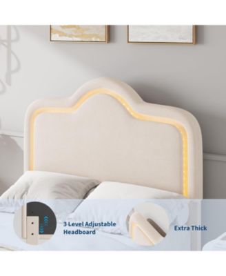 Twin Upholstered LED Bed Frame Adjustable Headboard Velvet Princess Platform Wooden Slats No Box Spring