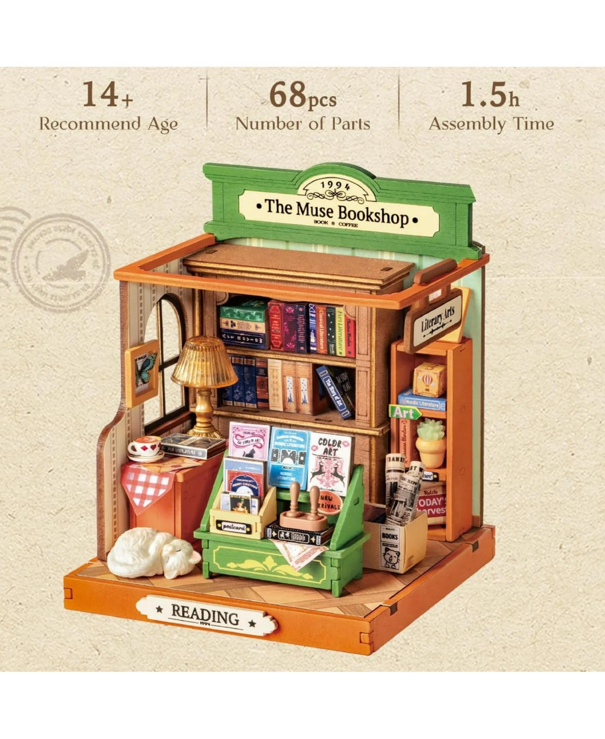 Robotime Diy Miniature Dollhouse with Bookshop Theme, Bookshelf Decoration Gift, 9.6" x 9.8" x 11.9"