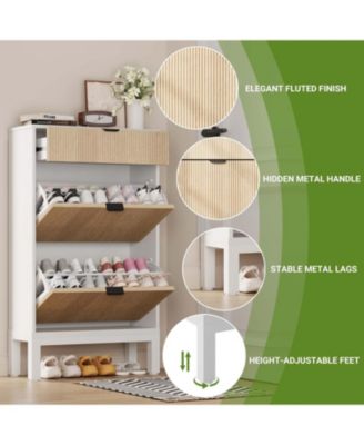 Shoe Storage Cabinet with Flip Drawers Modern Wooden Shoe Rack with Iron Legs Slim Entryway Hallway Organizer