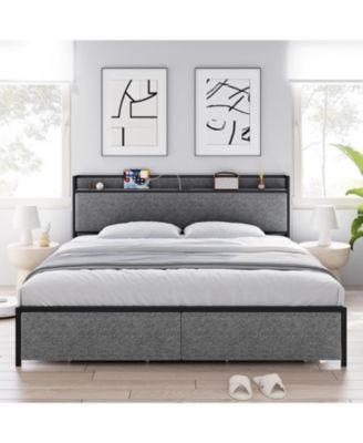 King Bed Frame with Headboard, Storage Drawers & Built In Outlets