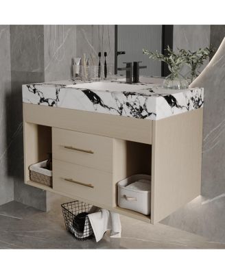 29.9" Floating Bathroom Vanity with Ceramic Sink, Sintered Stone Top, 2 Soft Close Drawers, Wall Mounted for Small Bathrooms