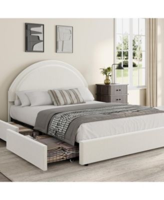 Full Bed Frame Storage Drawers Upholstered Boucle Platform Round Headboard Heavy Duty Noise-Free No Box Spring White