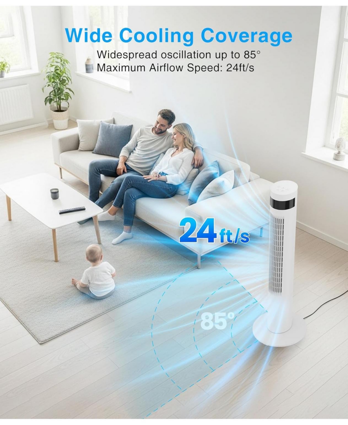 Antarctic Star Digital Oscillating Tower Fan, 3-Speed with Remote & 12H Timer