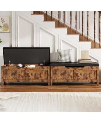 Storage Bench with Cushion, Wooden Chest Storage Box with 2 Safety Hinges