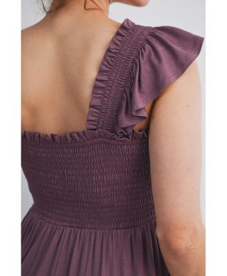 Maternity Empire Waist Cap Sleeve Smocked Dress with Ruffle Hem