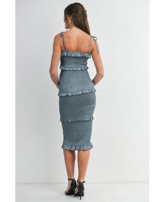 Maternity Smocked Bodycon Midi Dress with Ruffle Trim and Tie Straps