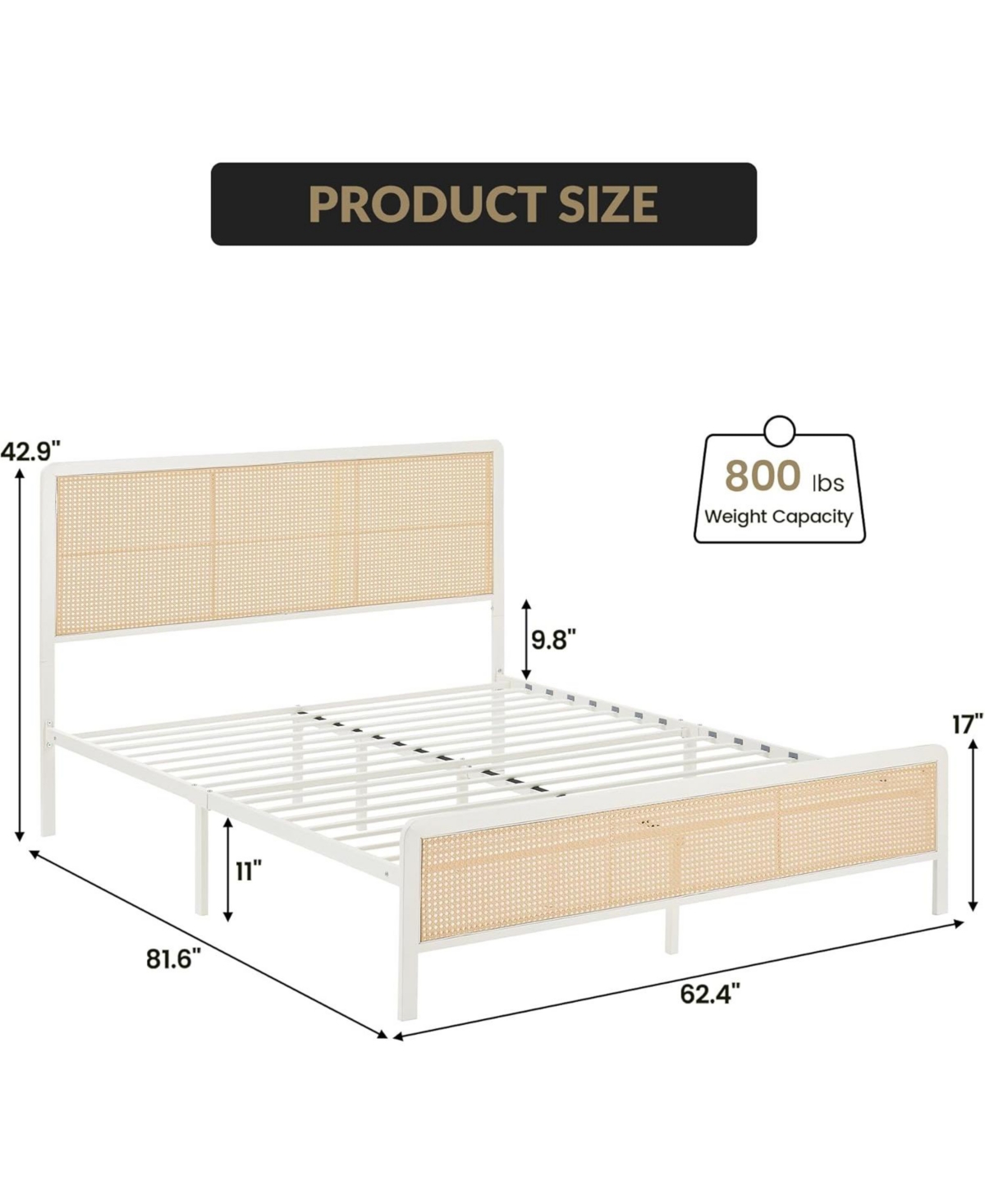 gaomon Size Rattan Bed Frame with Headboard, Modern Style Cane Boho Bed Frames with Heavy Duty Sturdy Steel Slat Support