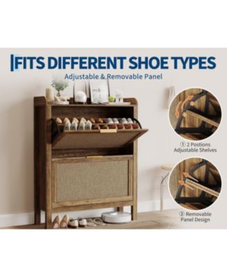 Farmhouse Rattan Shoe Cabinet 32 Inch Narrow Shoe Storage with 2 Flip-Down Drawers Freestanding Entryway Organizer with Adjustable Shelves