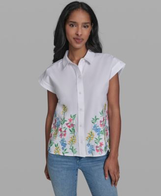 Women's Short-Sleeve Embroidered Flower Top