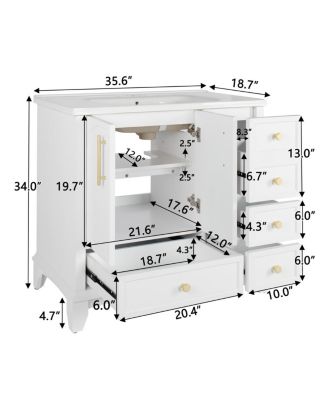 36" Bathroom Vanity with Ceramic Sink, Solid Wood MDF Cabinet, 4 Drawers Ample Storage for Modern Vintage Bathrooms