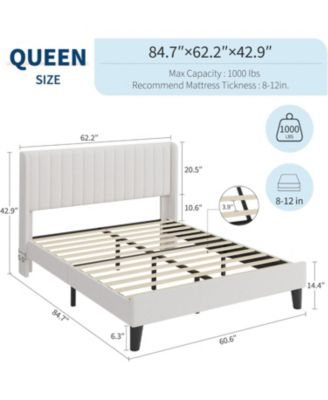 Queen Bed Frame with Vertical Channel Tufted Wingback Headboard, Upholstered Platform Bed Frame with Strong Wooden Slats Support