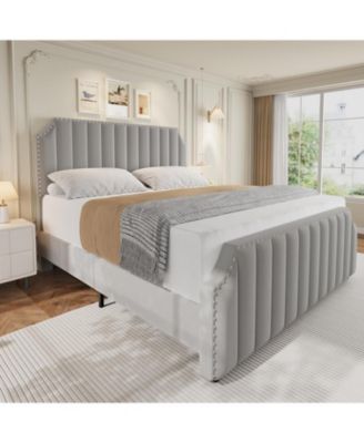 Queen Platform Bed Upholstered Headboard Footboard Strong Wooden Slats No Box Spring Required Light