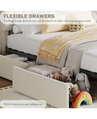 Full Bed Frame Storage Headboard 2 Drawers Boucle Upholstered Platform Bookcase Easy Assembly No Box Spring