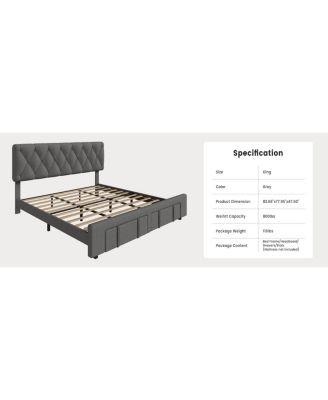 King Size Bed Frame Diamond Tufted Headboard Upholstered Platform Storage Drawer Wooden Slats Noise-Free No Box Spring