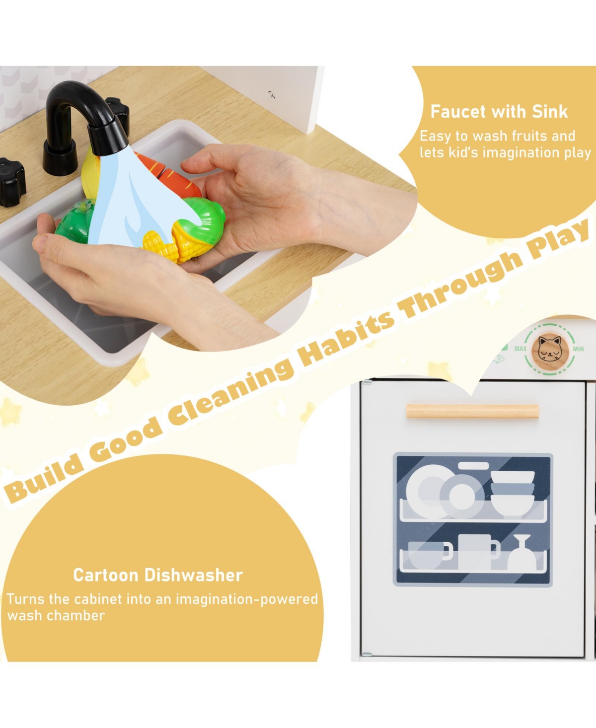 Mecale Kids Play Kitchen Toy with 2 Stoves & Rotating Knobs, Wooden Pretend Play Set