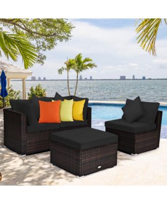 4PCS Patio Rattan Wicker Furniture Set Cushioned Sofa Ottoman Garden Deck