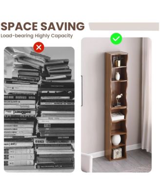 8-Tier Tall Narrow Bookshelf - A Wavy Border Design, Adjustable Shelves, Freestanding Display Bookcase for Living Room, Home Office (Walnut)