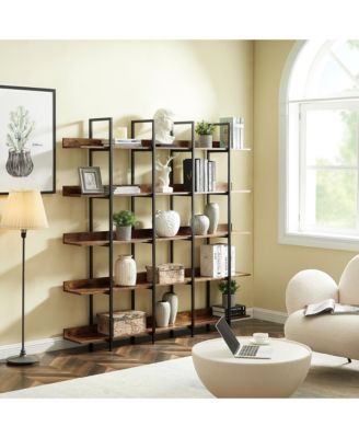 5 Tier Open Bookcase - Vintage Industrial Bookshelves with Metal Frame, MDF Board and Back Fence for Home Office.