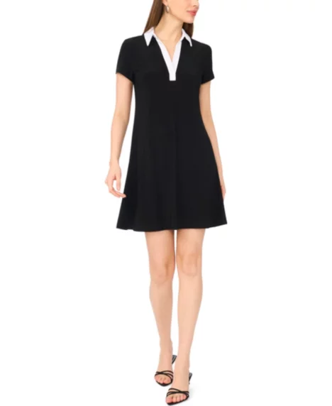 Petite Spread-Collar Short-Sleeve Shift Dress - Black
