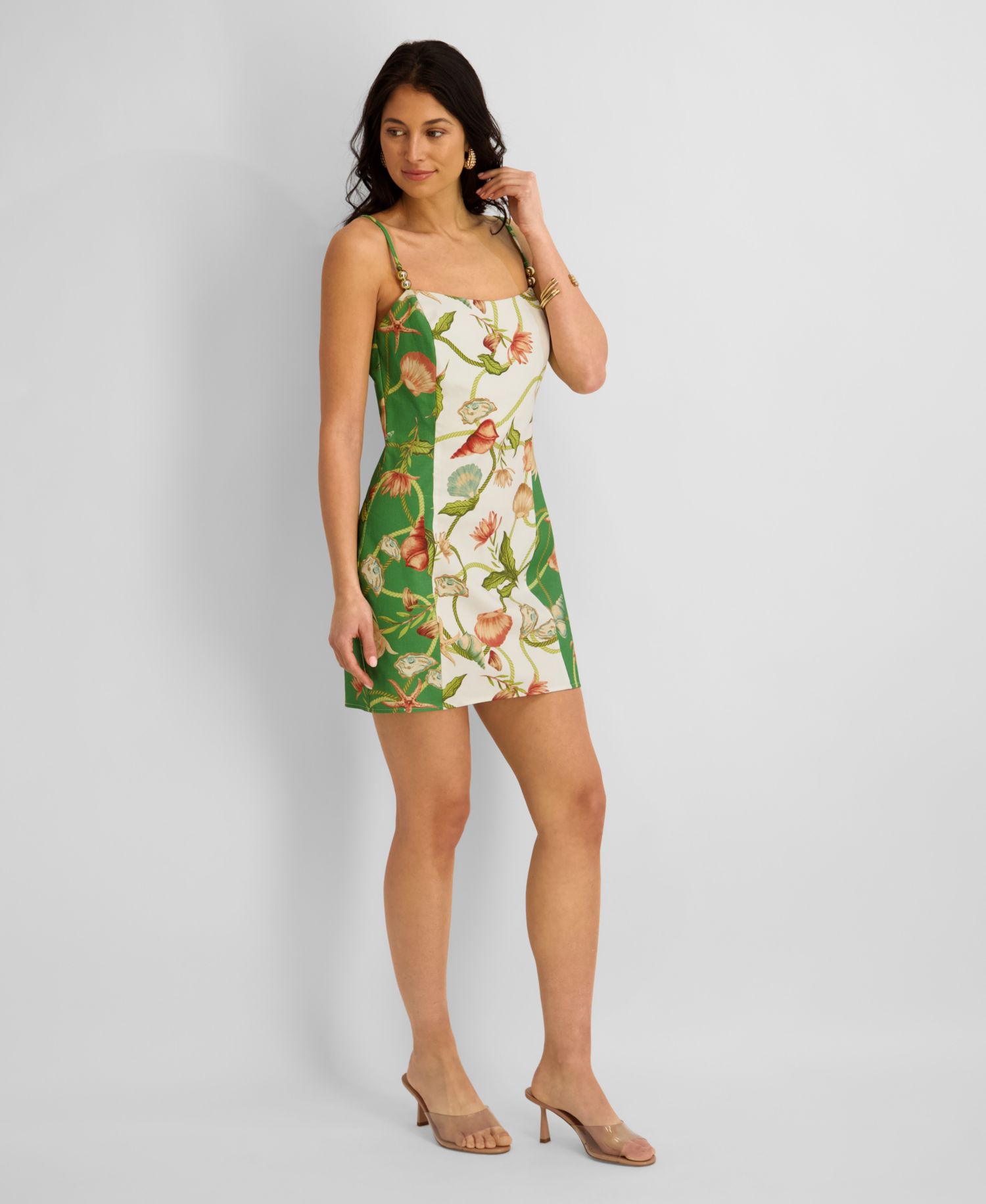 Women's Printed Flax Woven Square Neck Short Dress