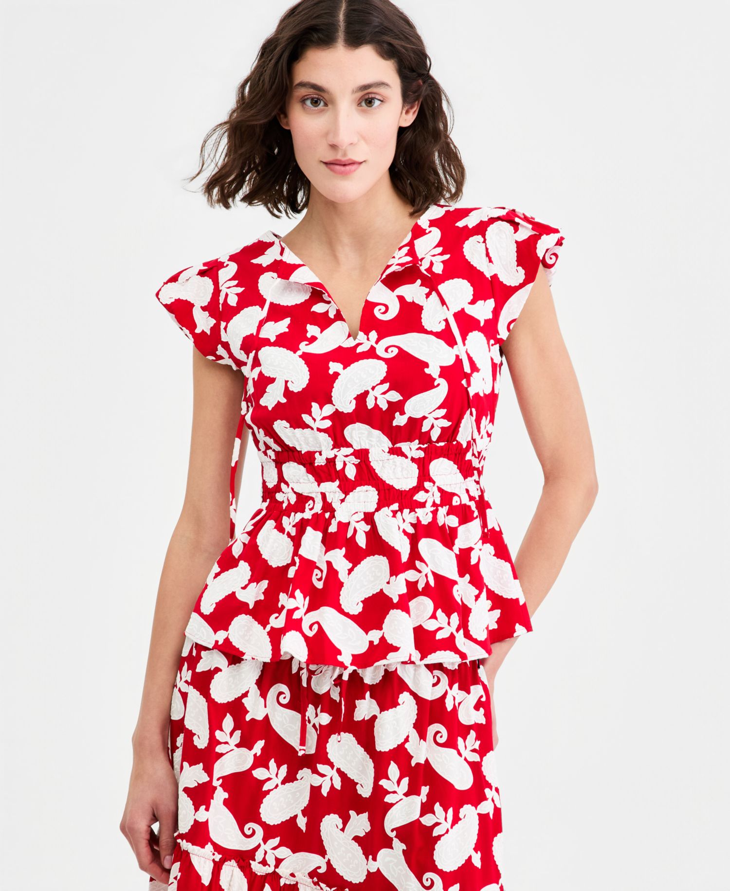 Women's Bubble-Sleeve Paisley-Print Peplum Top