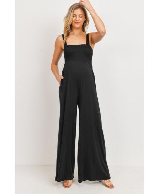 Maternity Sleeveless Smocked Bodice Wide-Leg Jumpsuit with Pockets