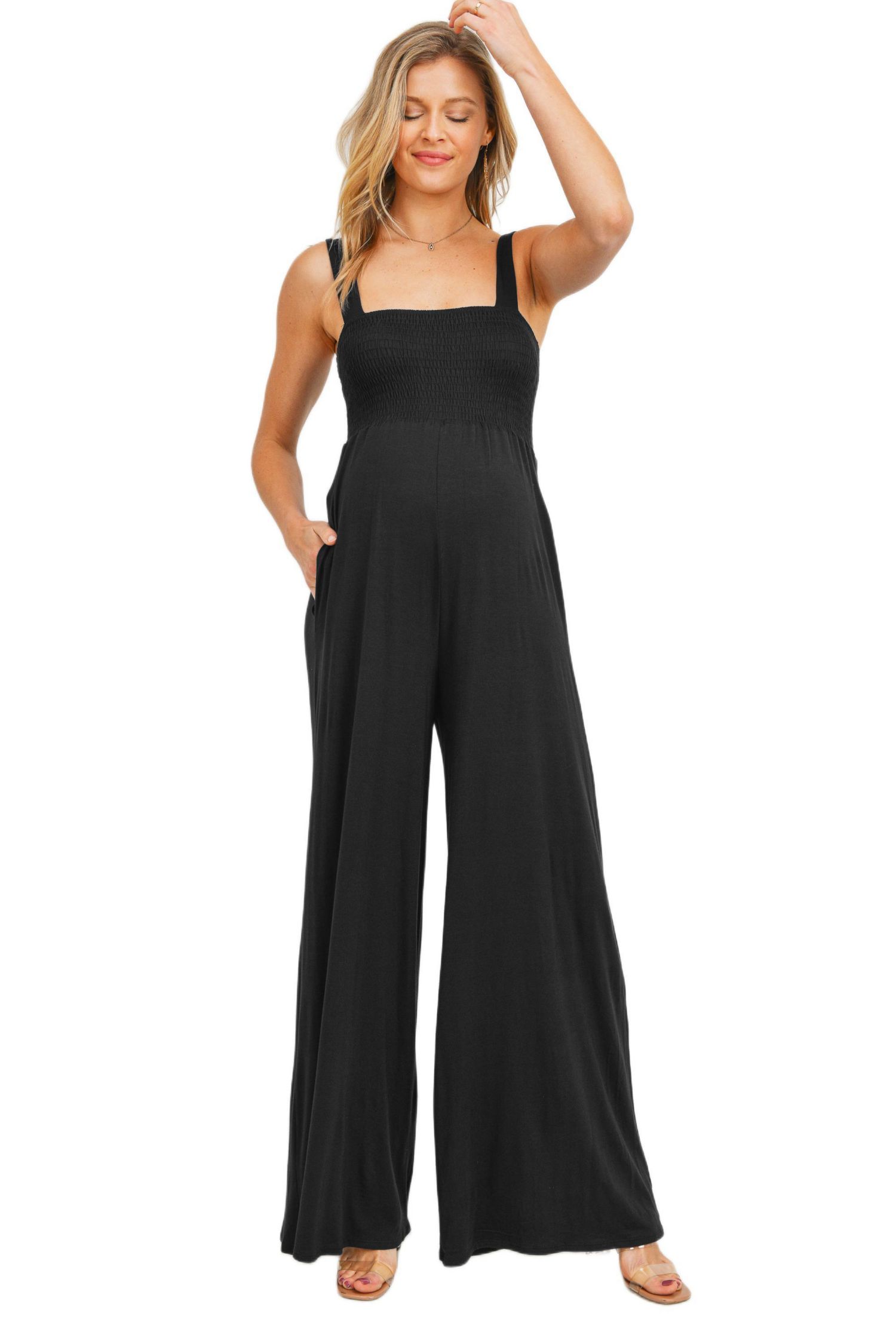 Maternity Sleeveless Smocked Bodice Wide-Leg Jumpsuit with Pockets