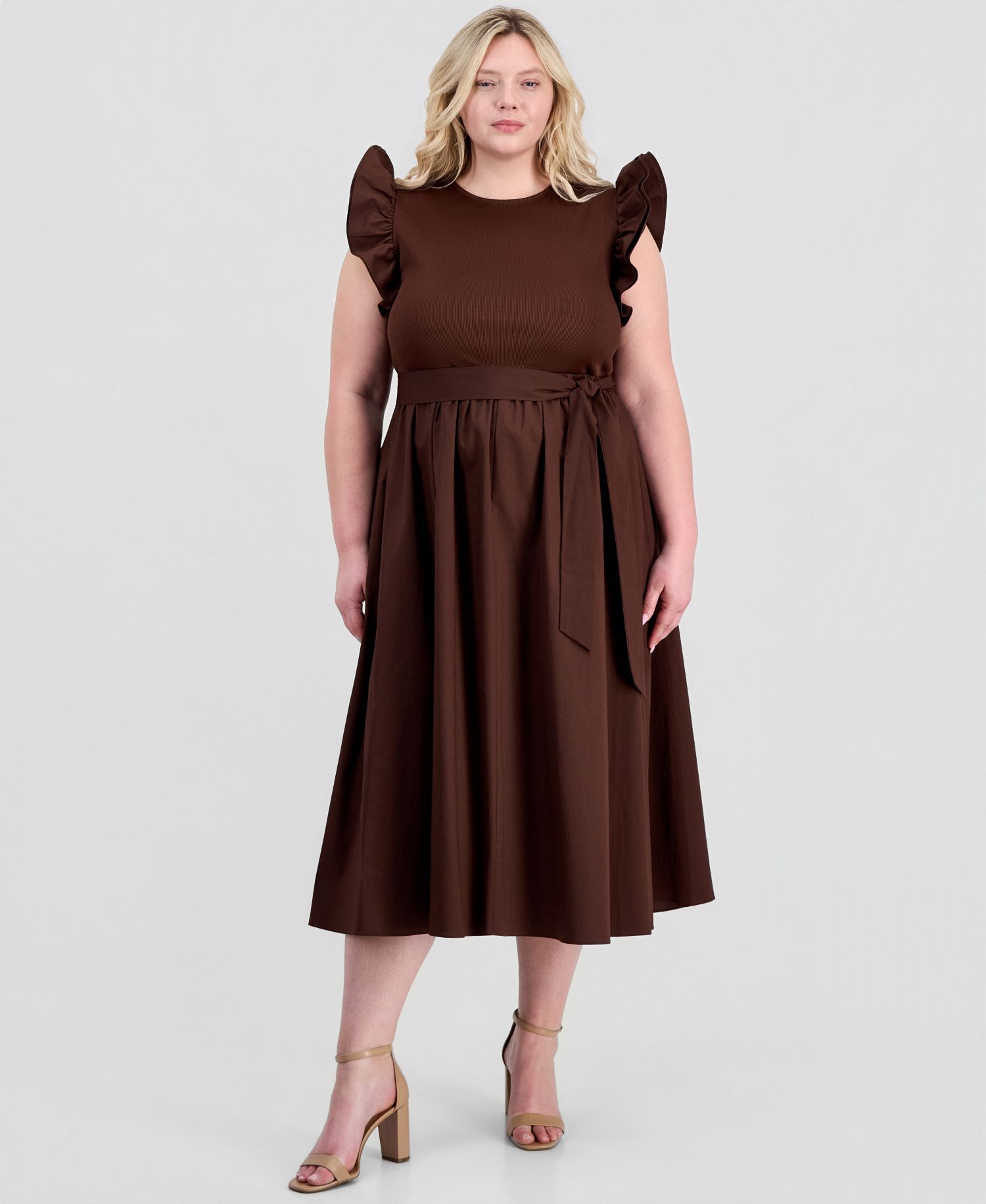 Plus Size Mixed Knit Woven Midi Dress