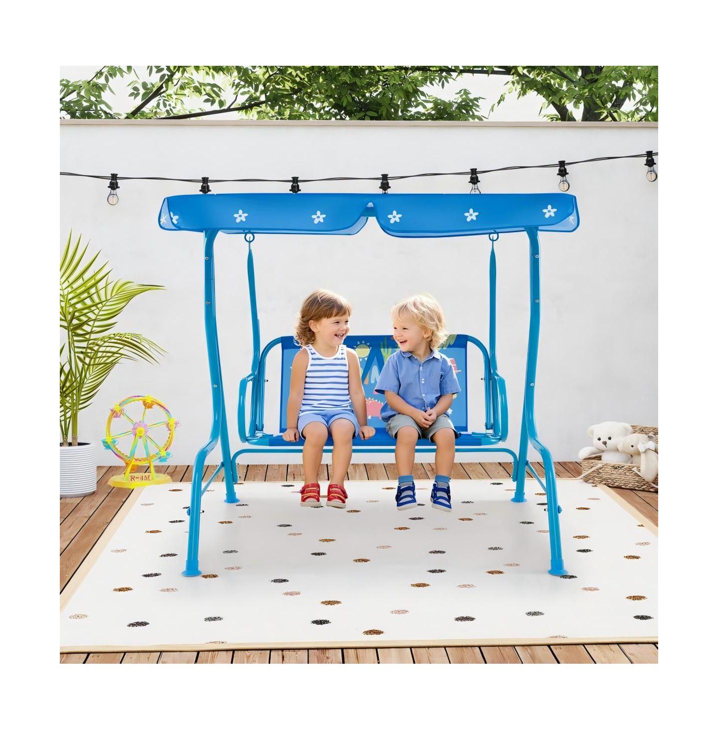 Детская игрушка HONGGE 2-Seater Kids Patio Swing with Metal Stand and Adjustable Canopy, Ages 3+, цвет: Синий — фото 4