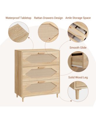 3-Drawer Rattan Dresser, Modern Oak Storage Chest for Bedroom, Living Room & Hallway