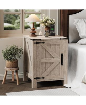 Bedside Table with USB Charging Station  18 Rustic Wooden Bedside Table with Sliding Barn Door, Adjustable Shelf