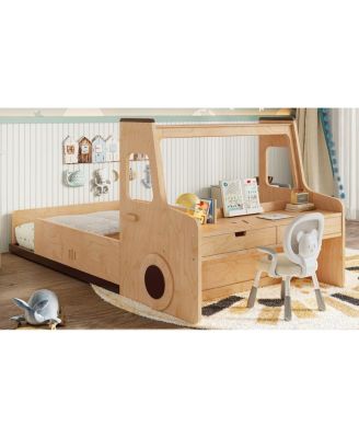  Twin Size Car-Shape Floor Bed with Storage Drawers and Desk