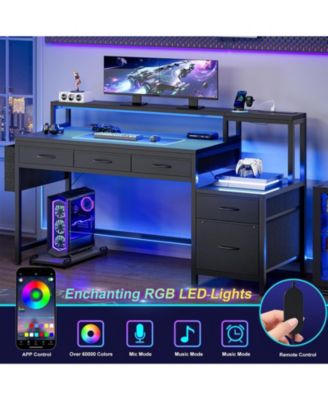 61" Modern Computer Lap Desk Table w/Storage Drawer, Monitor Stand, Charging Station, Side Pocket