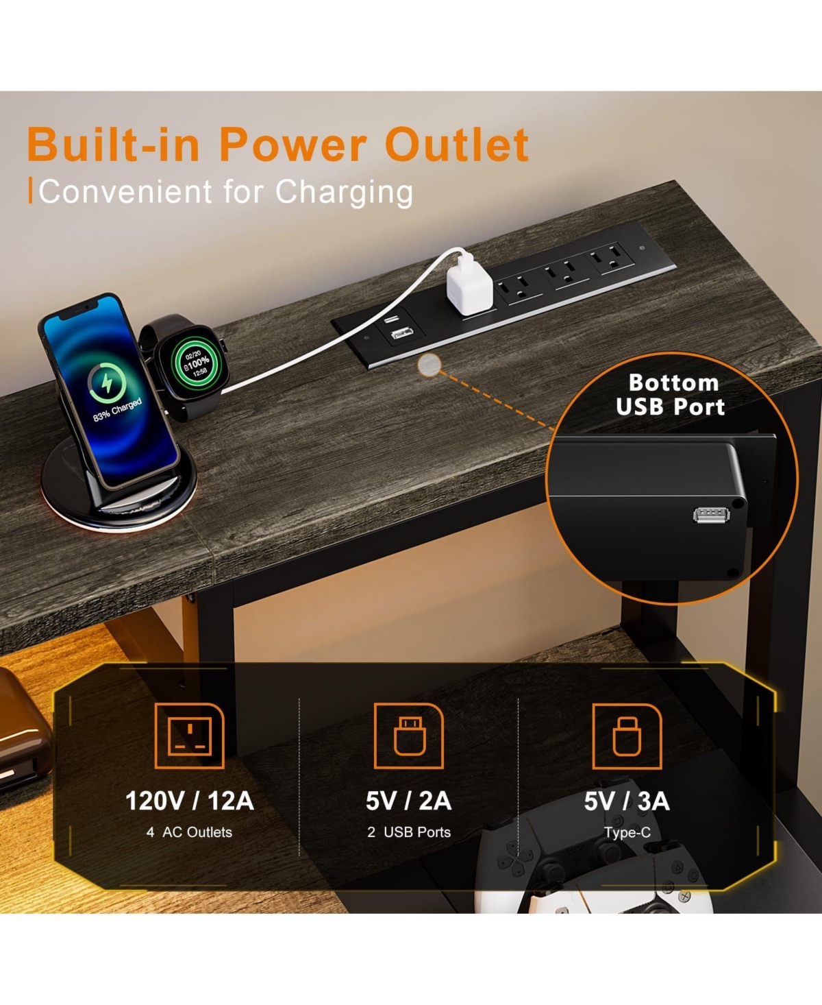Homlux 61" Modern Computer Lap Desk Table w/Storage Drawer, Monitor Stand, Charging Station, Side Pocket
