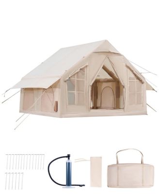 Inflatable Camping Tent, 4-6 Person, Hand Pump Included, 300D Oxford 4-Season Tent with Stove Jack, 2 Doors, 4 Mesh Windows
