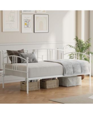 Twin Daybed with Trundle Metal Twin Pullout Trundle Steel Slats Casters Sofa Bed for Living Room Guest Room