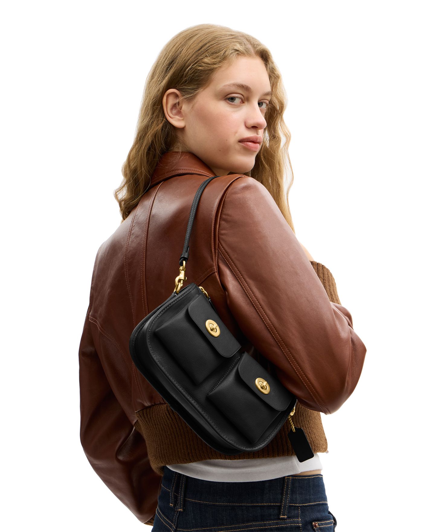 Женская сумка COACH Waverly Small Leather Twin Turnlock Shoulder, цвет: Латунный / Чёрный — фото 3