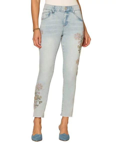 Petite Floral Embroidered Skimmer Jeans - Light Blue Artisanal