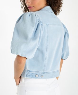 Petite Puff-Sleeve Cropped Trucker Jacket