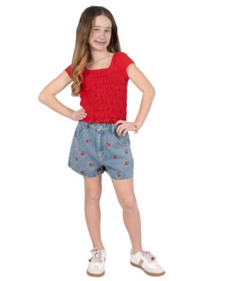 Girls' 7-16 Smocked Top and Cherry Embroidered Denim Short, 3-Piece Set