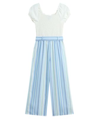 Girls' 7-16 Short-Sleeve Smocked Bodice Jumpsuit