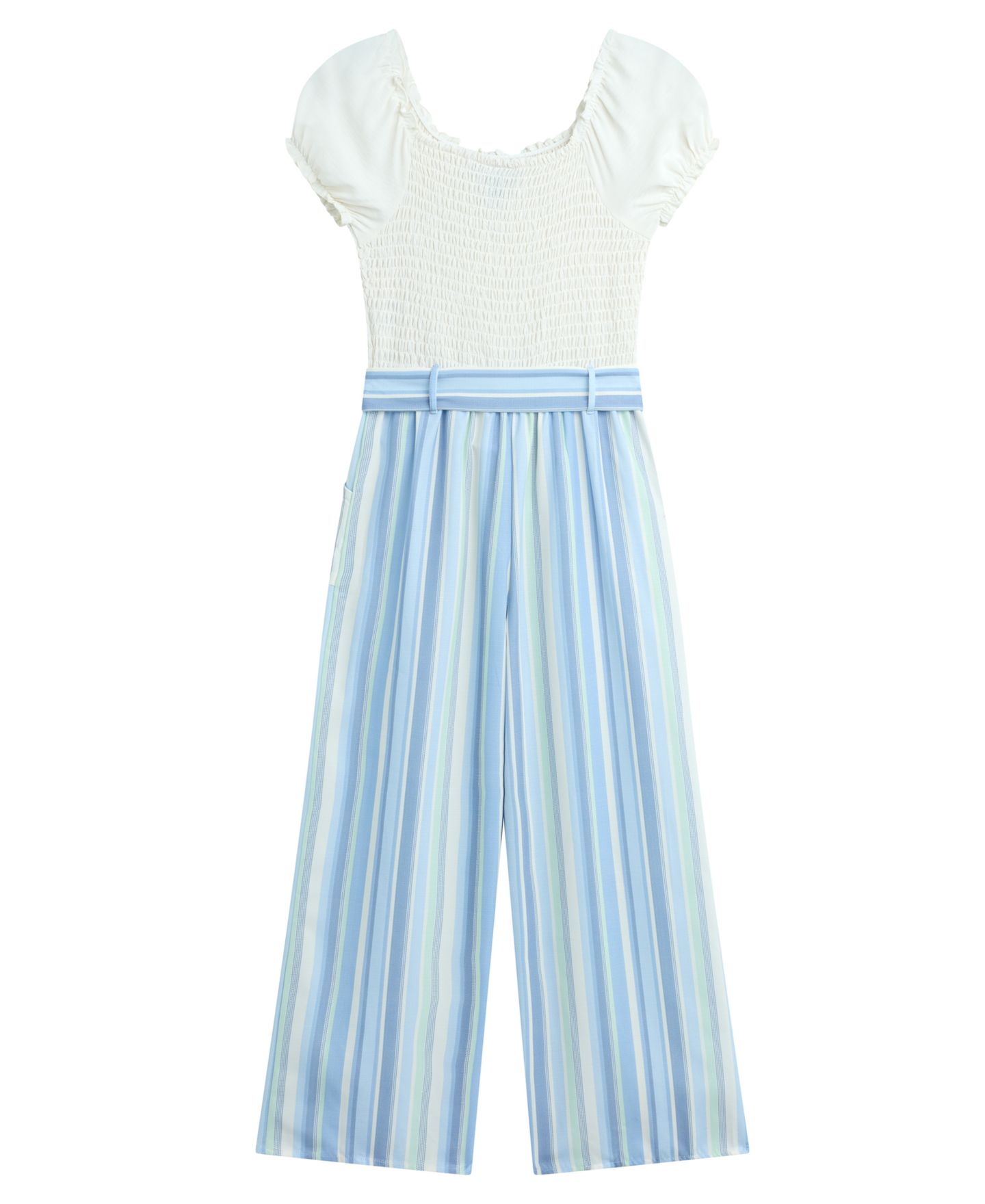Комбинезон BCX Short-Sleeve Smocked Bodice Jumpsuit для девочек, цвет: Белый / Синий — фото 2