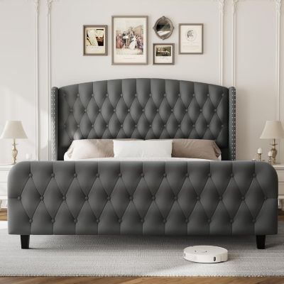  Bed Frame Deep Button Tufted Wingback Headboard Velvet Upholstered Platform No Box Spring Easy Assembly