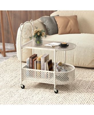 2-Tier Mobile Glass Coffee Table w/ Bear Pattern Storage Basket Transparent