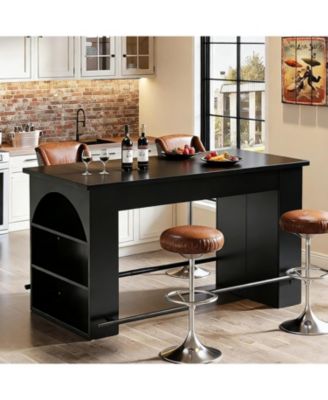 63-Inch Bar Table with Metal Footrest, Industrial Kitchen Pub Table with 3-Tier Storage Legs on Both Sides