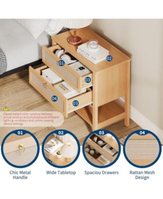 Rattan Nightstand Set of 2, Boho Nightstand with 2 Drawers and Storage Shelf