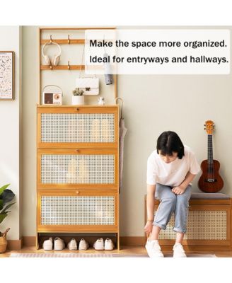 Bamboo Shoe Storage Cabinet, Freestanding Shoe Rack with 3 Rattan Flip Drawers and Coat Hooks for Entryway, Hallway, Closet, Living Room